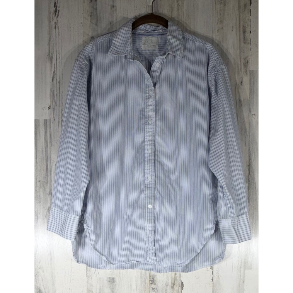 J Crew Relaxed Button Down Shirt‎ Size 10 Blue White Striped Cotton Round Hem